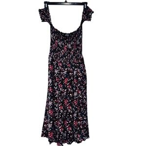 Lulus Ditsy Floral Dark Off the Shoulder Smocked Bodice Midi Dress Milkmaid Med